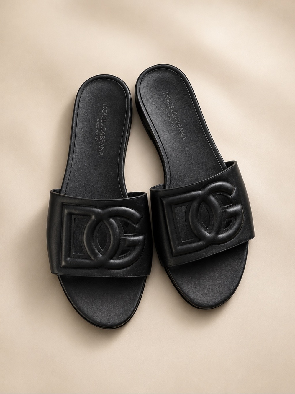 Dolce & Gabbana Black Leather Embossed Logo Slide Mules
